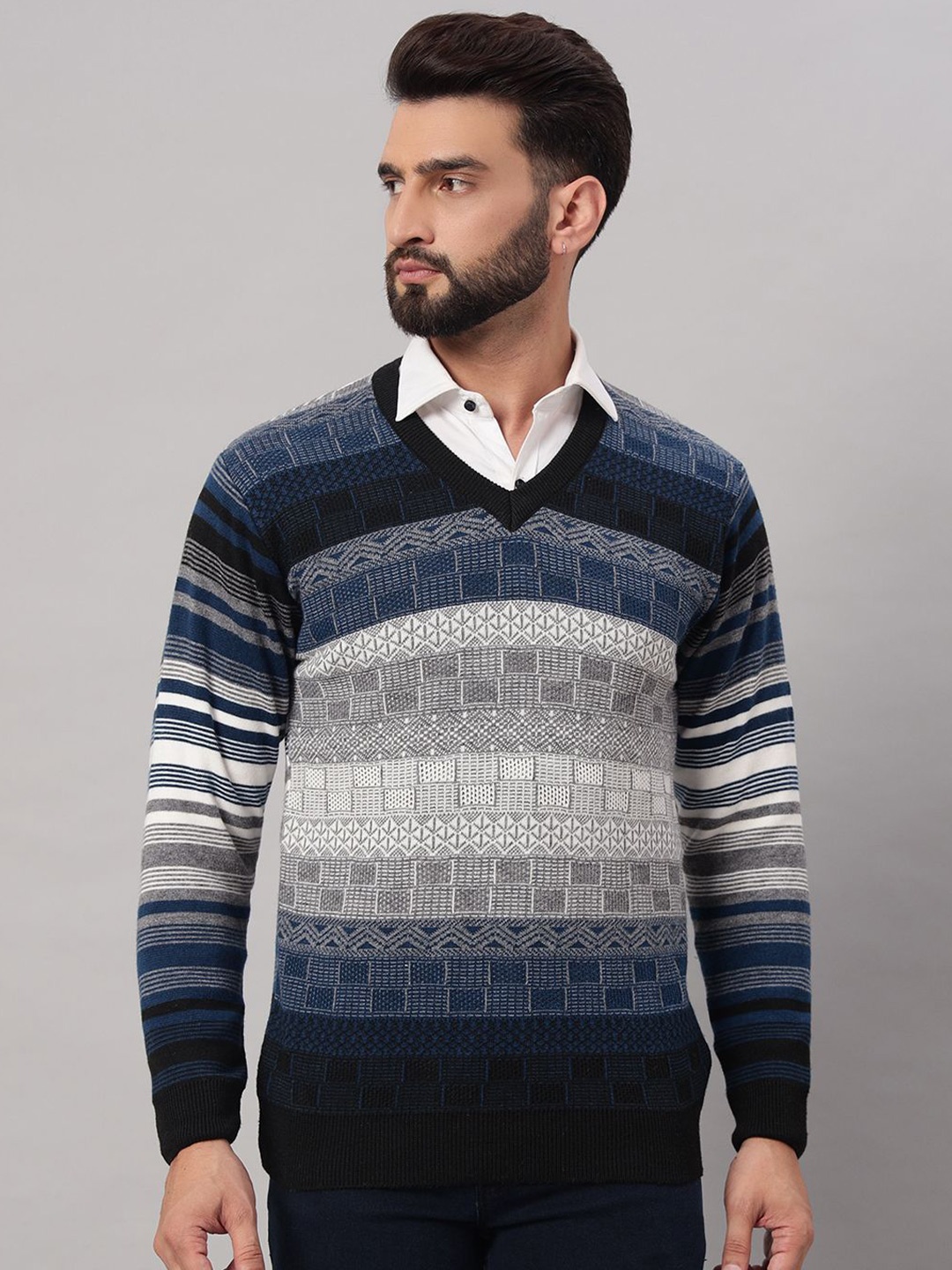 

eWools Men Checked Woollen Pullover, Grey