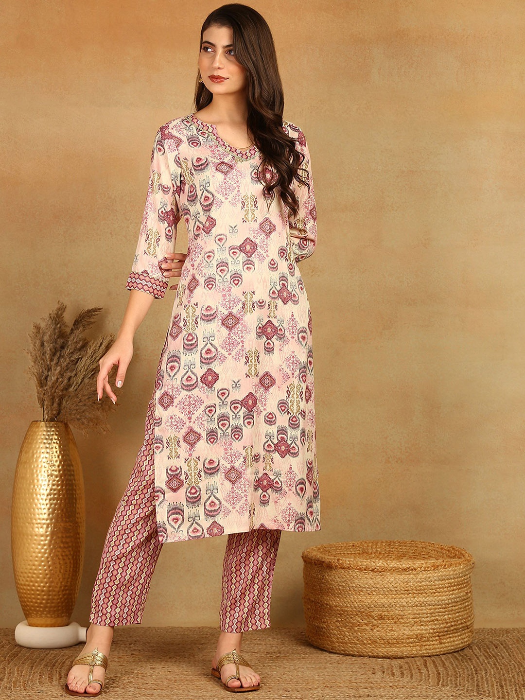 

KALINI Floral Printed V-Neck Straight Kurta With Trousers, Pink