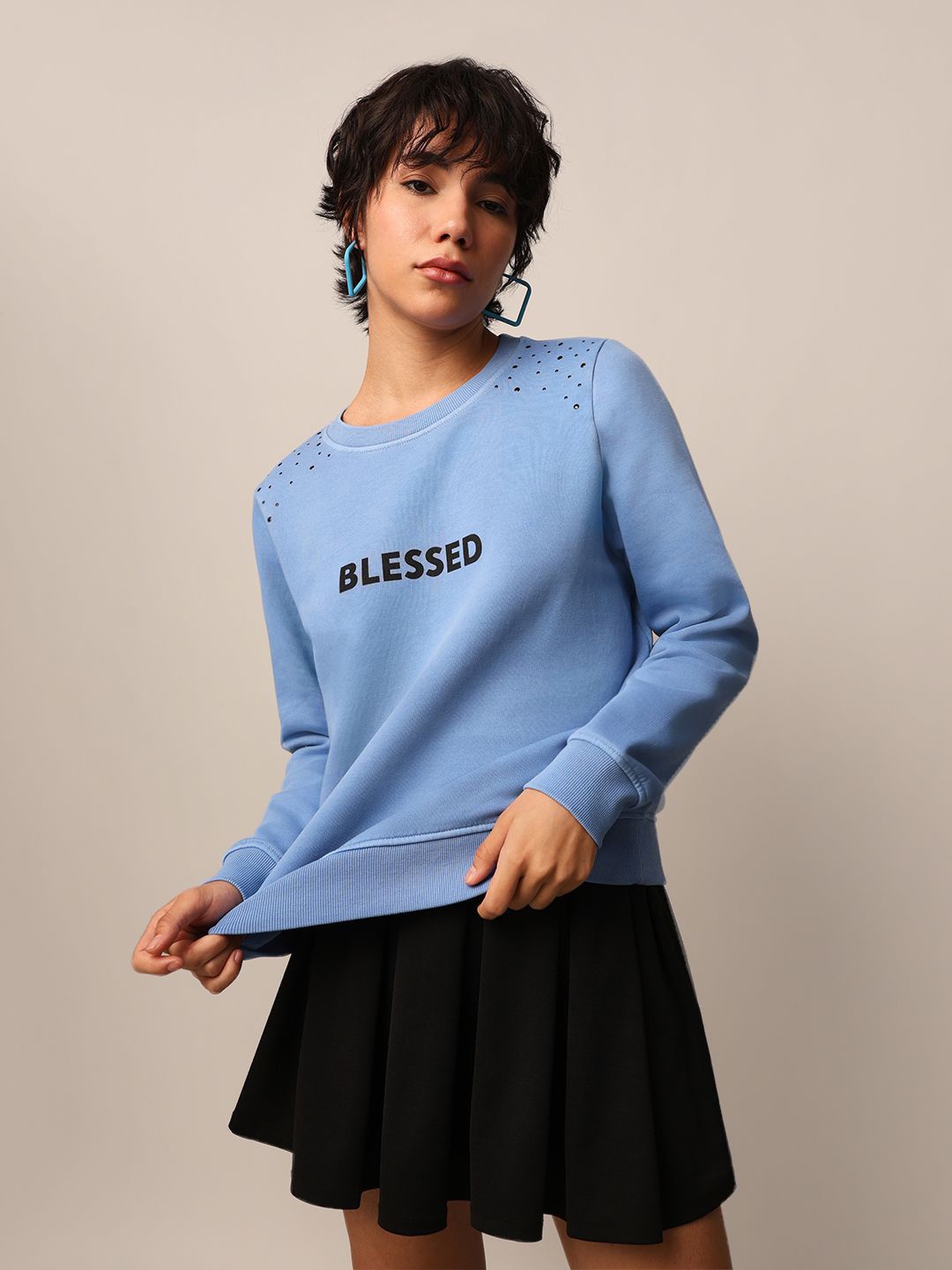 

ONLY Women Blue Printed Cotton Round Neck Long Sleeves Sweatshirt
