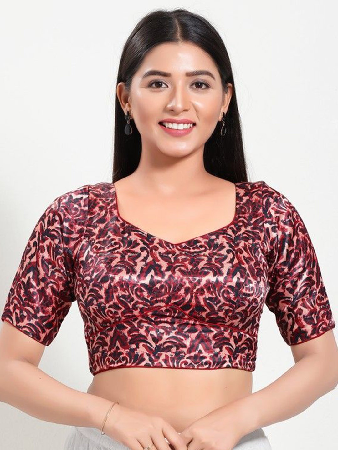 

Mmore Women Printed Readymade Padded Saree Blouse, Maroon