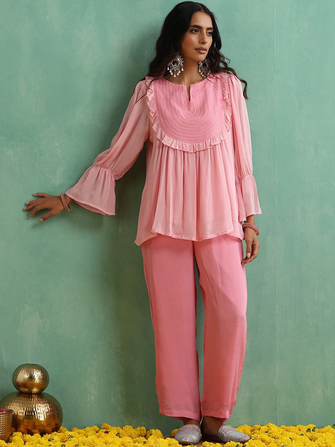 

indy Raaga Round Neck Three-Quarter Sleeves Top With Trouser, Pink