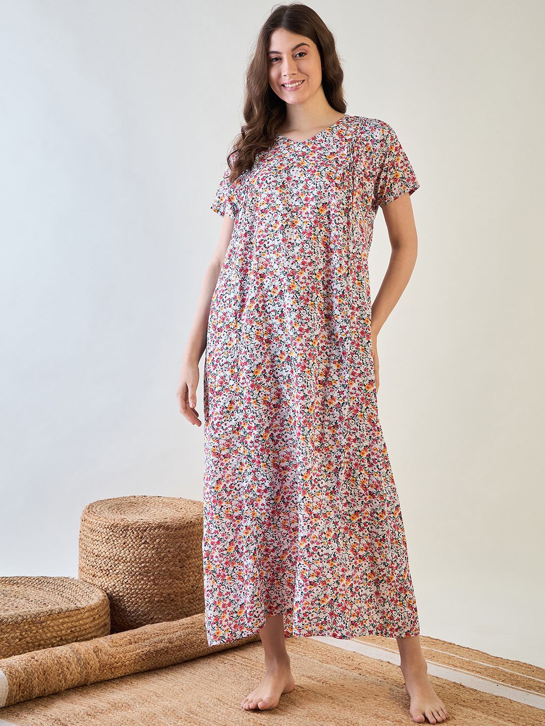 

The Kaftan Company Woman Everyday Floral Printed Pure Cotton Maxi Nightdress, Red