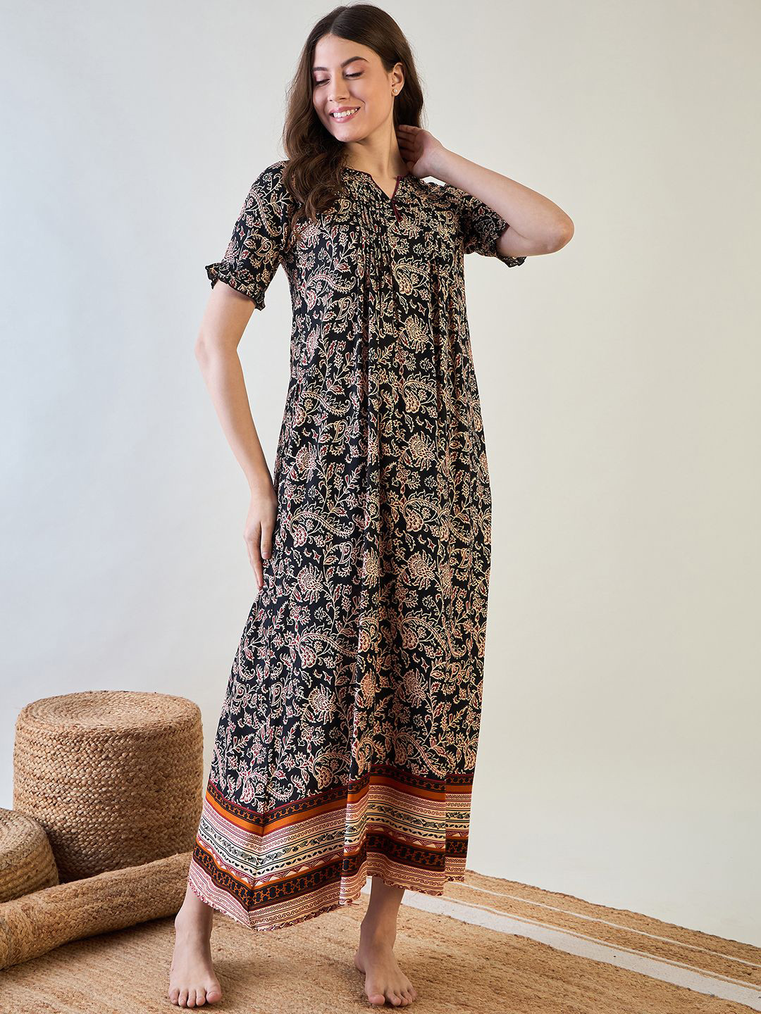 

The Kaftan Company Ethnic Motifs Printed Maxi Nightdress, Black
