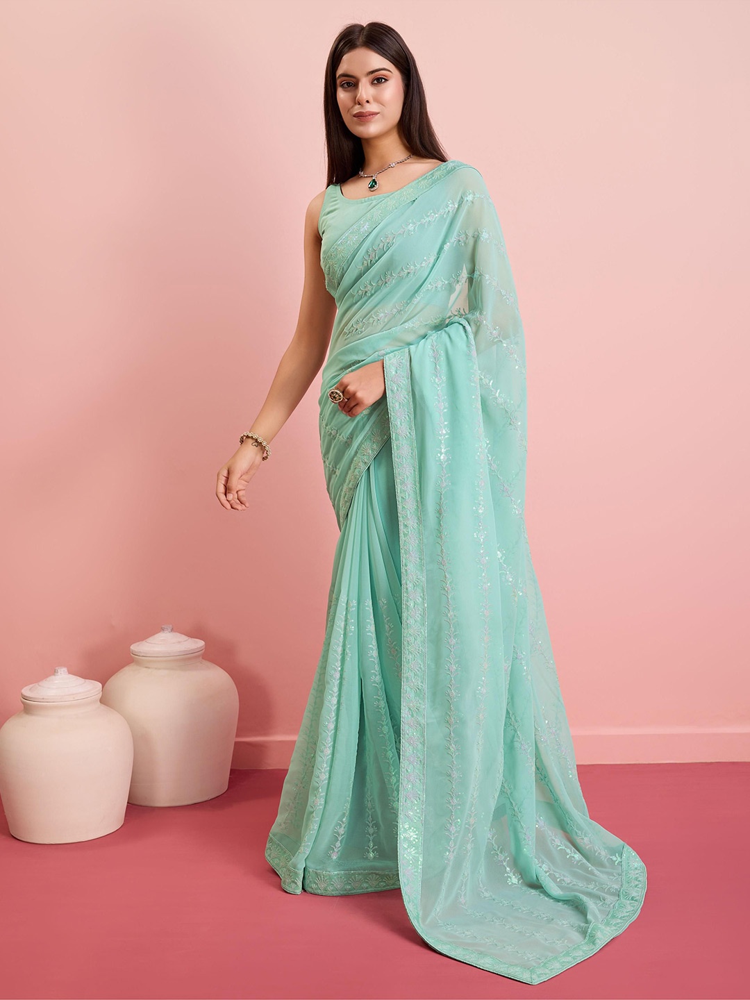 

VAIRAGEE Embellished Sequinned Ready to Wear Saree, Turquoise blue