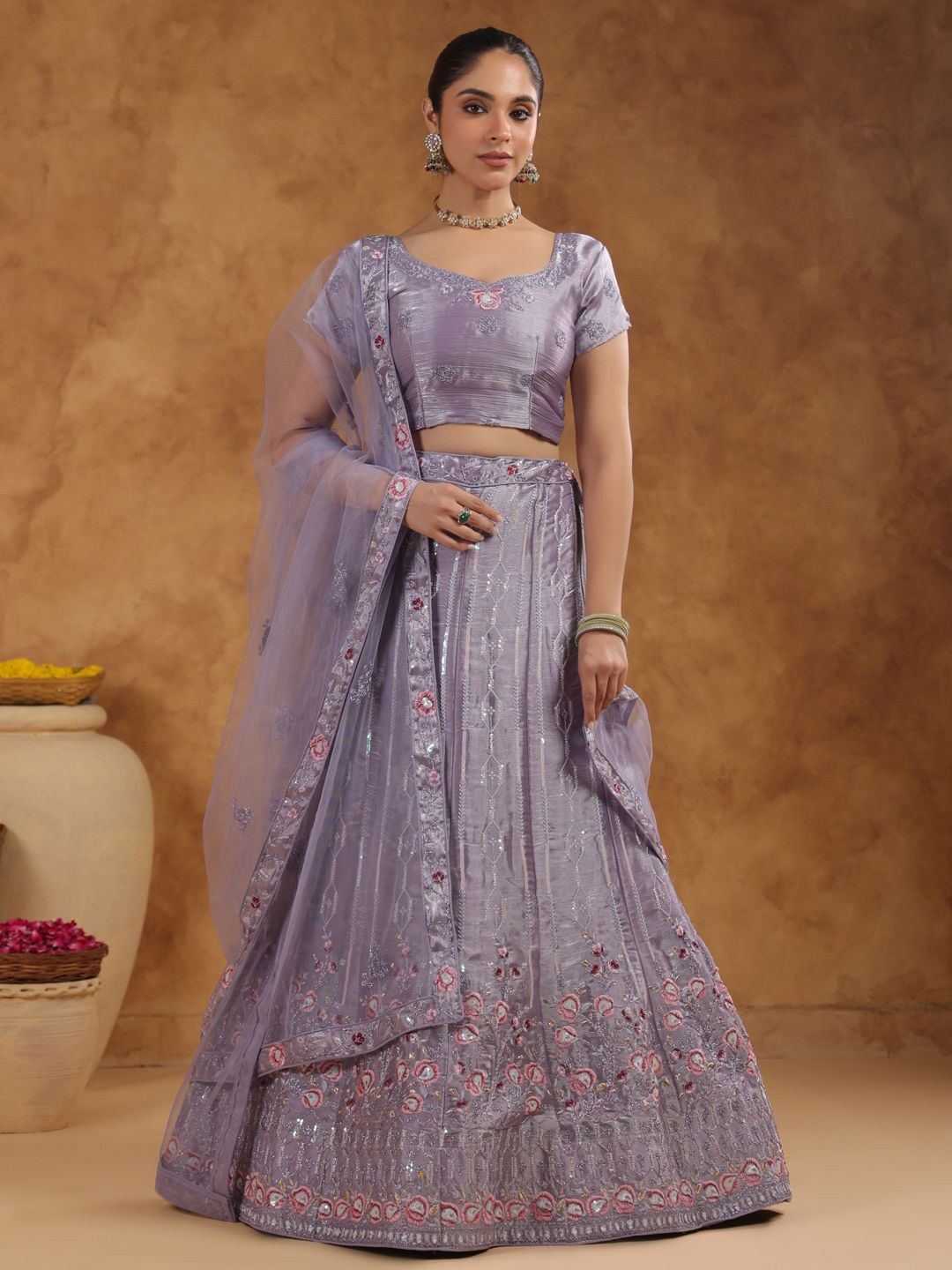 

Janasya Embroidered Sequinned Semi-Stitched Lehenga & Unstitched Blouse With Dupatta, Lavender