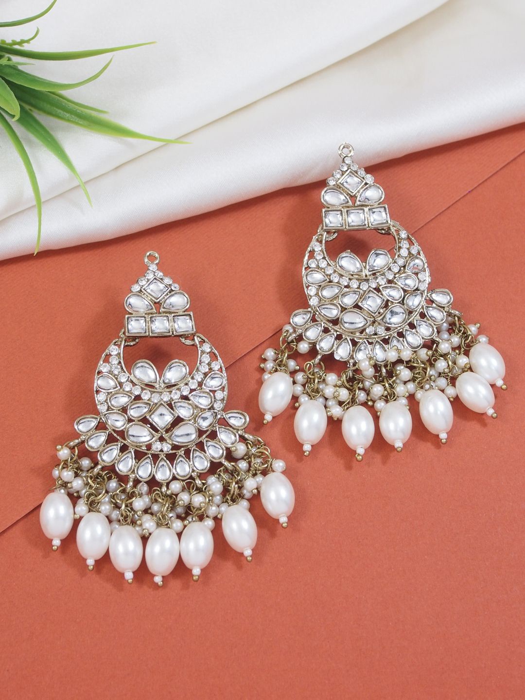 

I Jewels Gold-Plated Contemporary Kundan & Pearl Studded Chandbalis, White