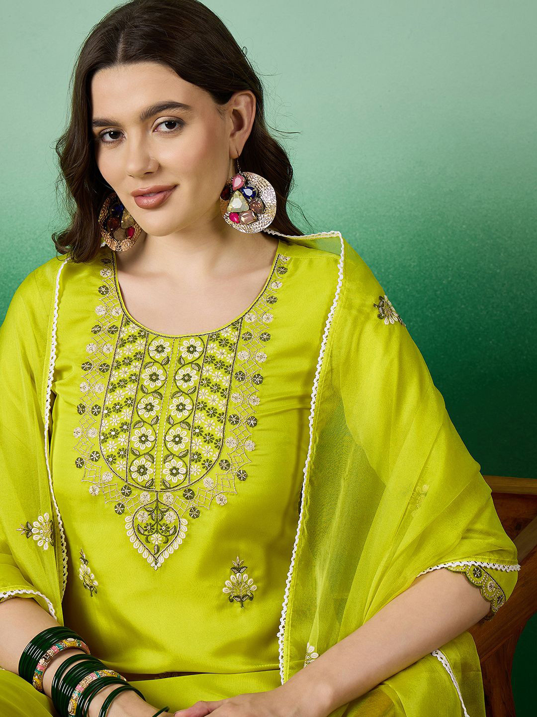 

Sangria Floral Embroidered Straight Kurta & Trouser With Dupatta, Fluorescent green