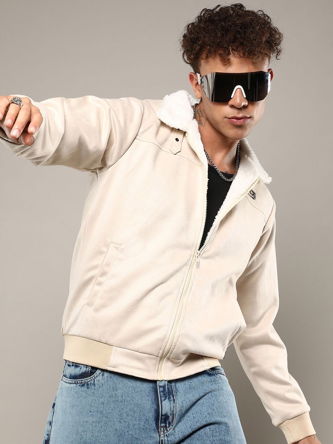 

Campus Sutra Men Suede Lightweight Bomber Jacket, White