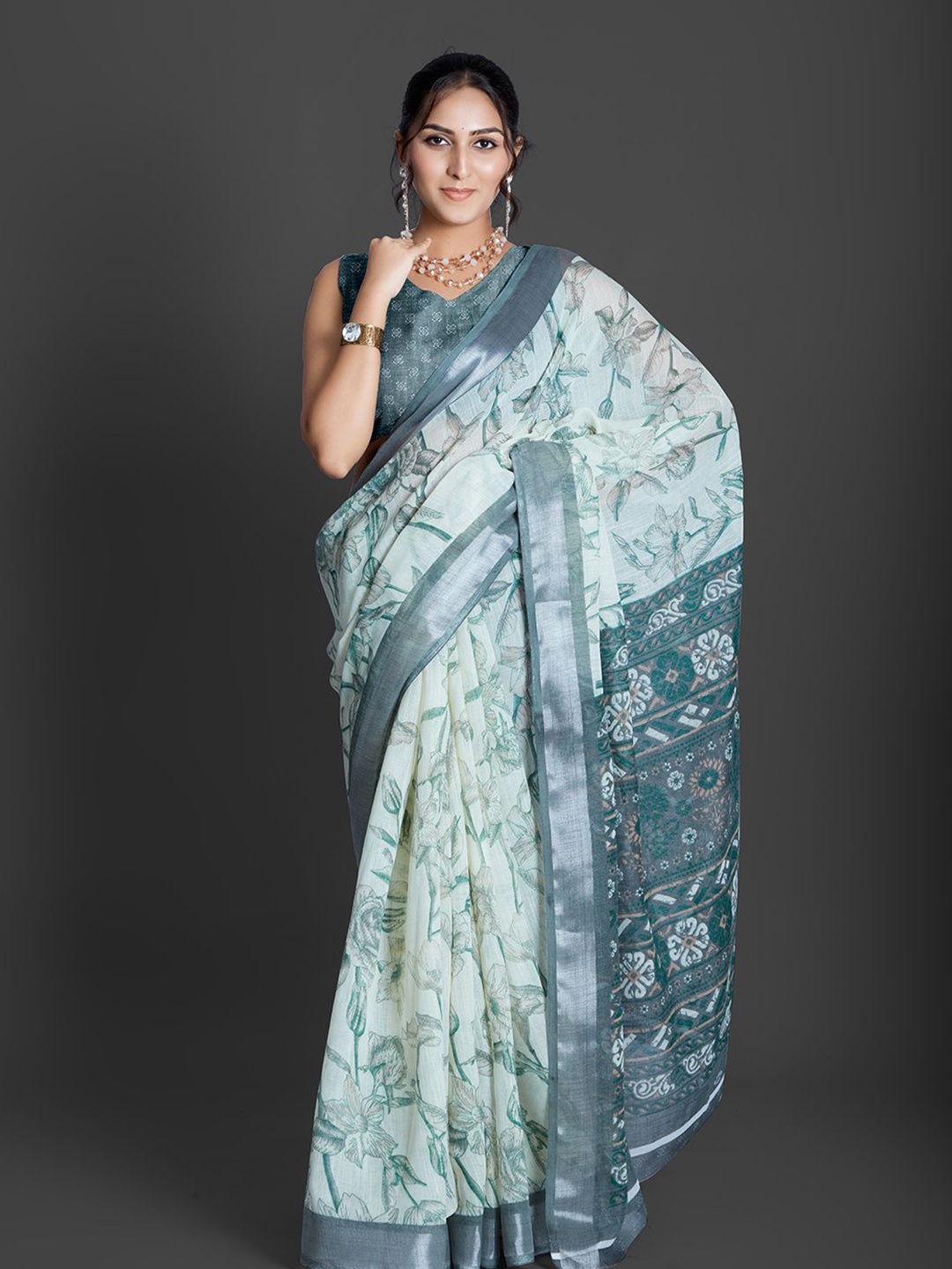 

NIRMAL CREATION Floral Printed Zari Saree, Turquoise blue