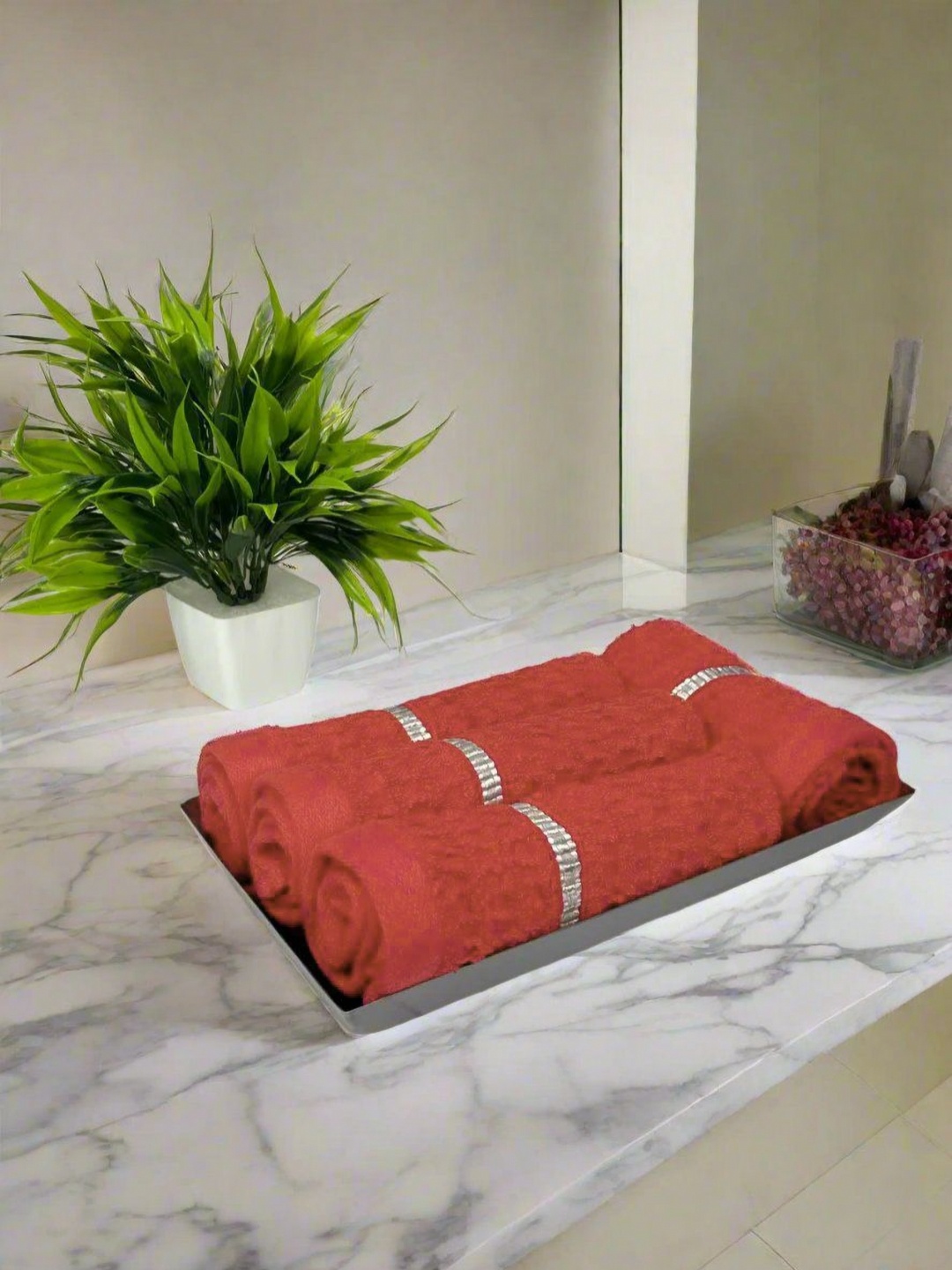 

BIANCA Rust 4 Pieces Striped Pure Cotton Extra Plush Turkish Terry Face Towels
