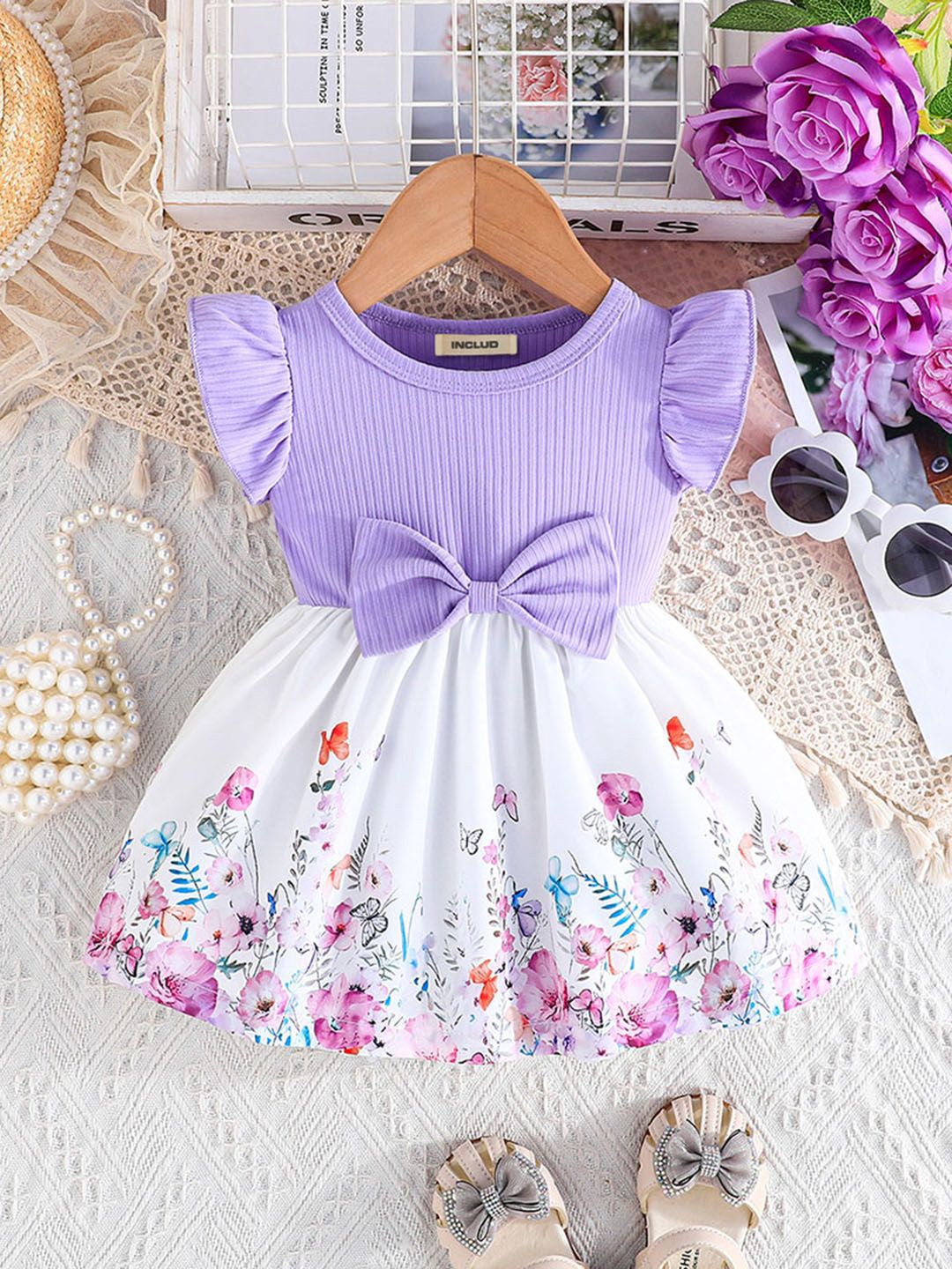 

INCLUD Girls Floral Printed Fit & Flare Dress Comes with a Bow, Purple