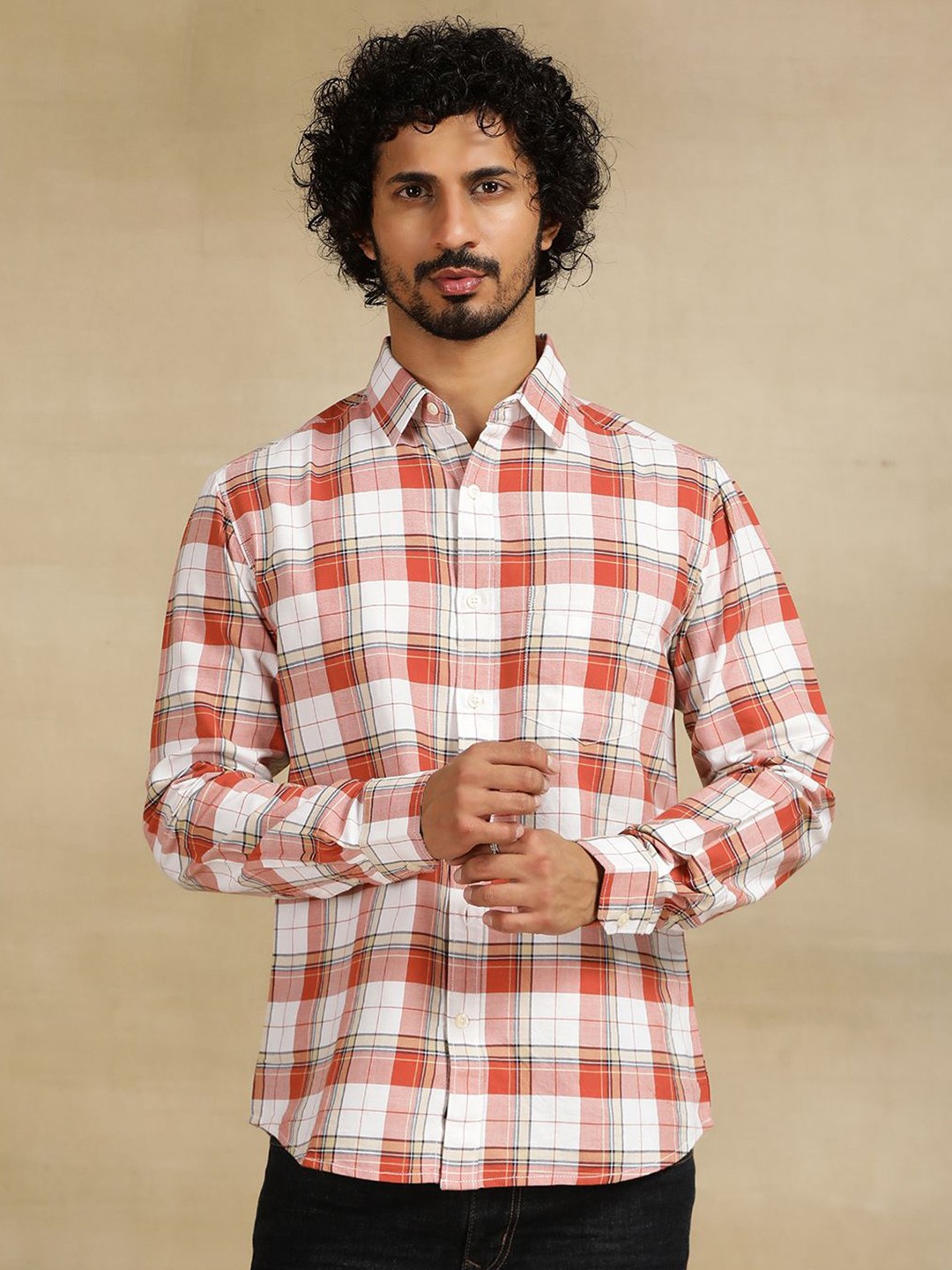 

Greenfibre Men Cutaway Collar Tartan Checked Cotton Slim Fit Casual Shirt, Red