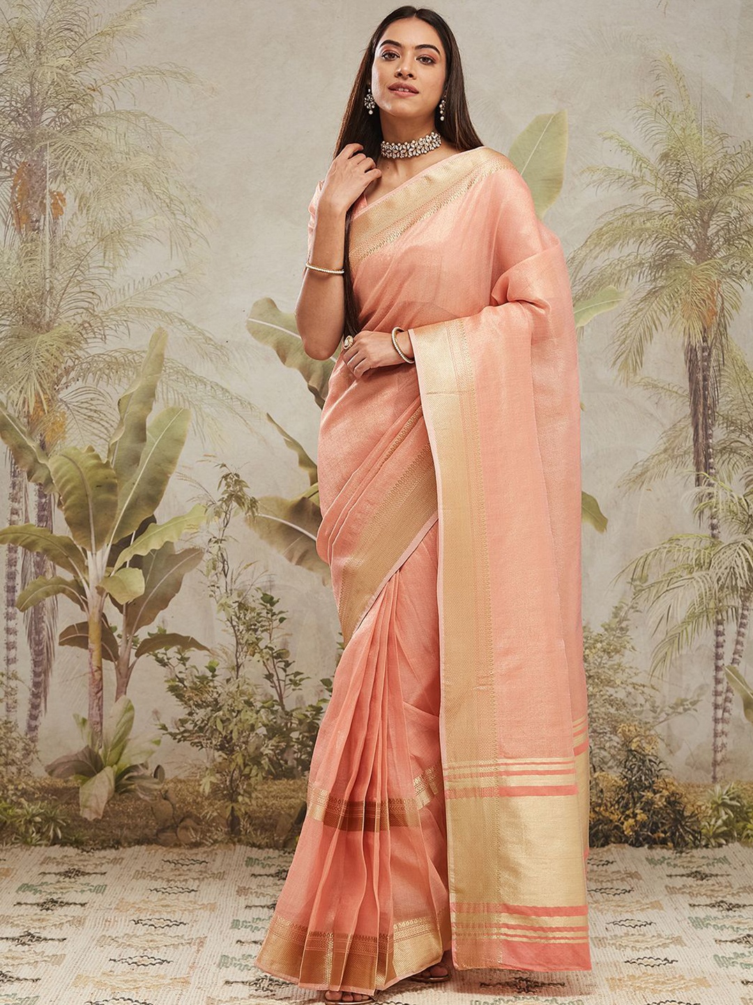 

RACHNA Woven Design Zari Kanjeevaram Saree, Peach