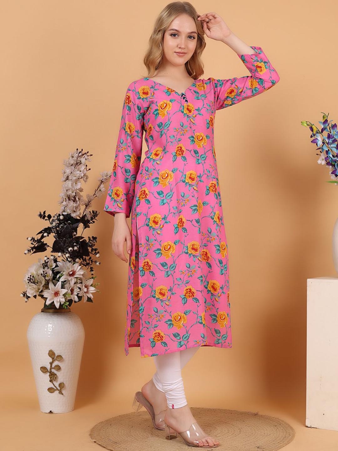 

Tulip Eden Floral Printed Georgette Straight Kurta, Pink