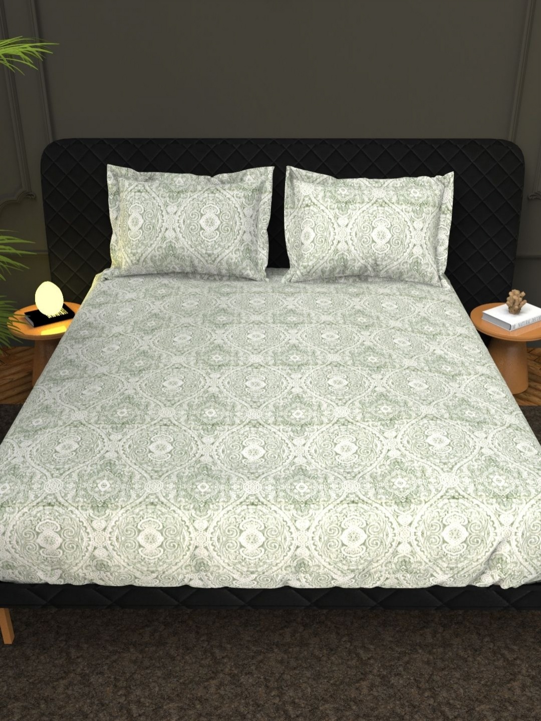 

THE WHITE MOSS Green & White Ethnic Motifs Cotton 210 TC King Bedsheet set 2.75 m x 2.75 m