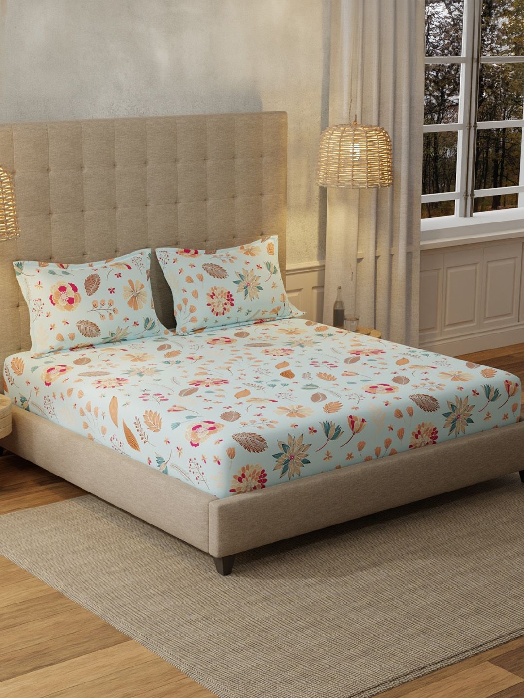 

URBAN SPACE Florence Sky Blue 200 TC Floral King Bedsheet
