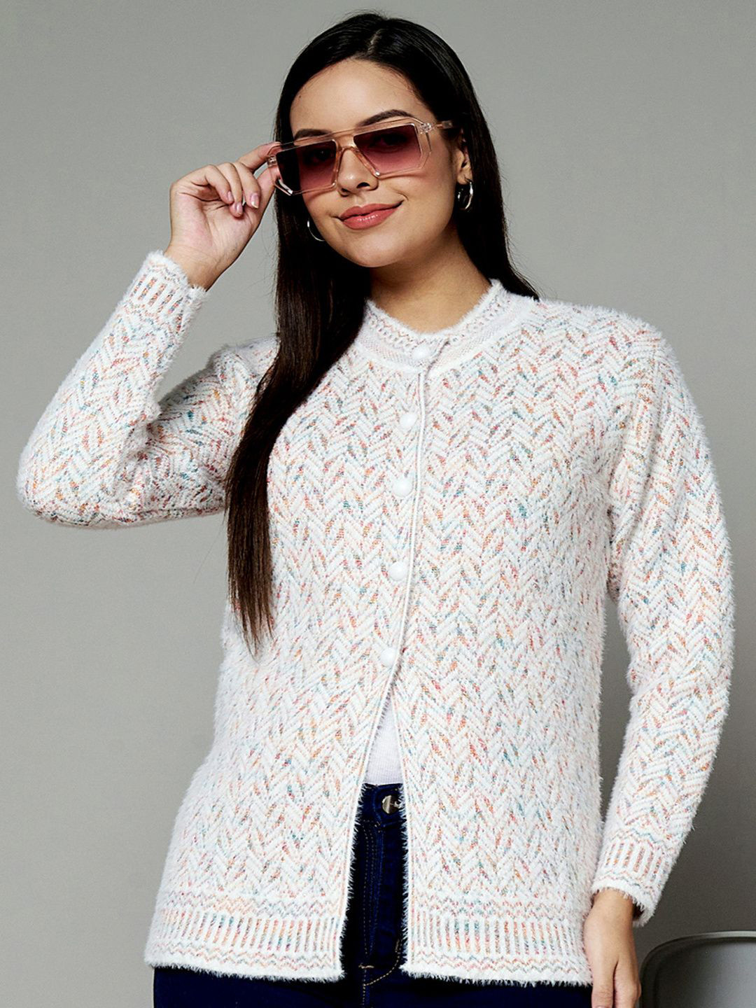 

eWools Women Self Design Woollen Cardigan Sweaters, White