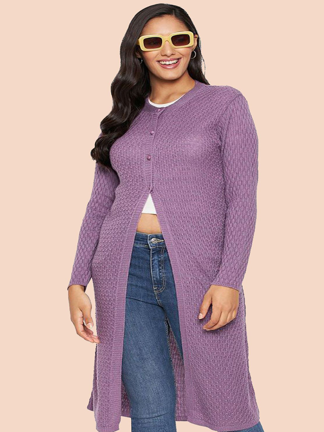 

CLAPTON Woollen Longline Long Sleeves Cardigan, Purple