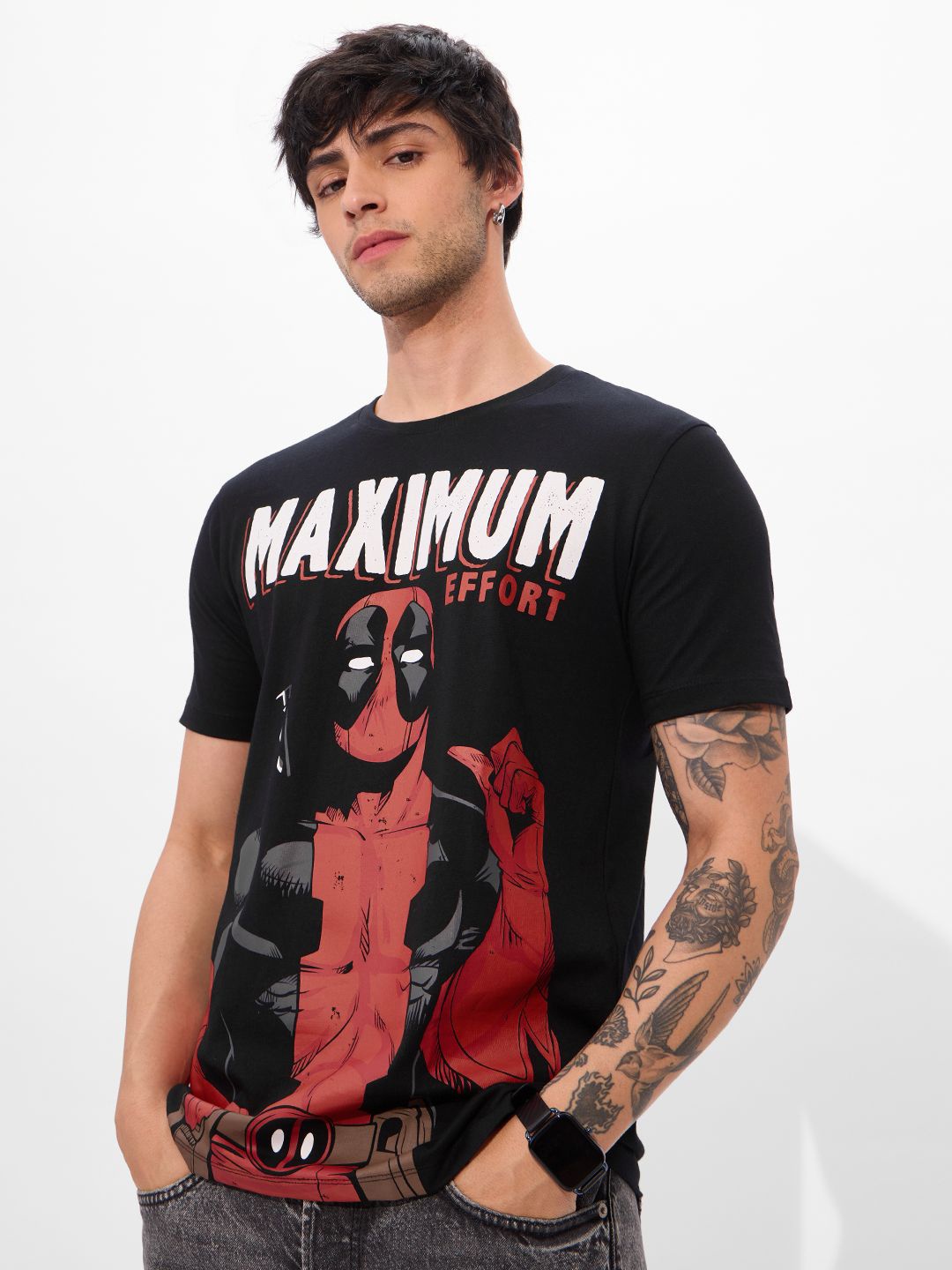 

The Souled Store Men Deadpool Graphic Printed Round Neck Cotton T-shirt, Black
