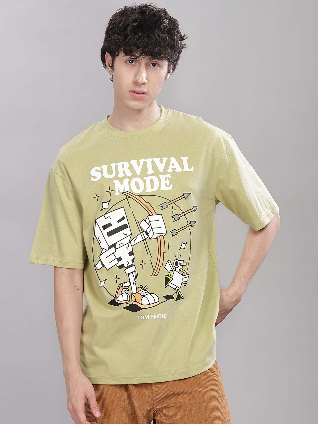 

TOMHIDDLE Men Graphic Printed Round Neck Cotton Oversized T-shirt, Cream
