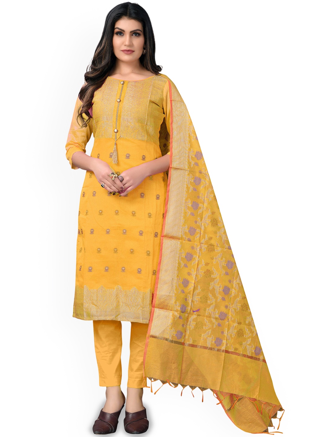 

Maroosh Floral Embellished Zari Banarasi Jacquard Unstitched Dress Material, Yellow