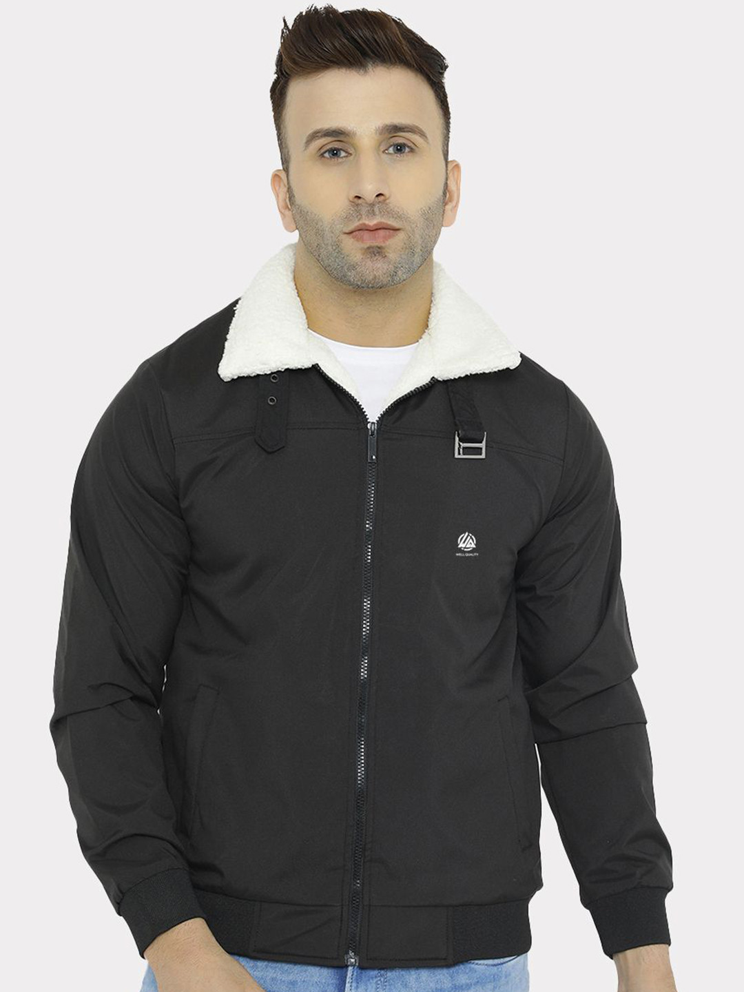 

WELL QUALITY Men Spread Collar Solid Casual Padded Jacket, Black
