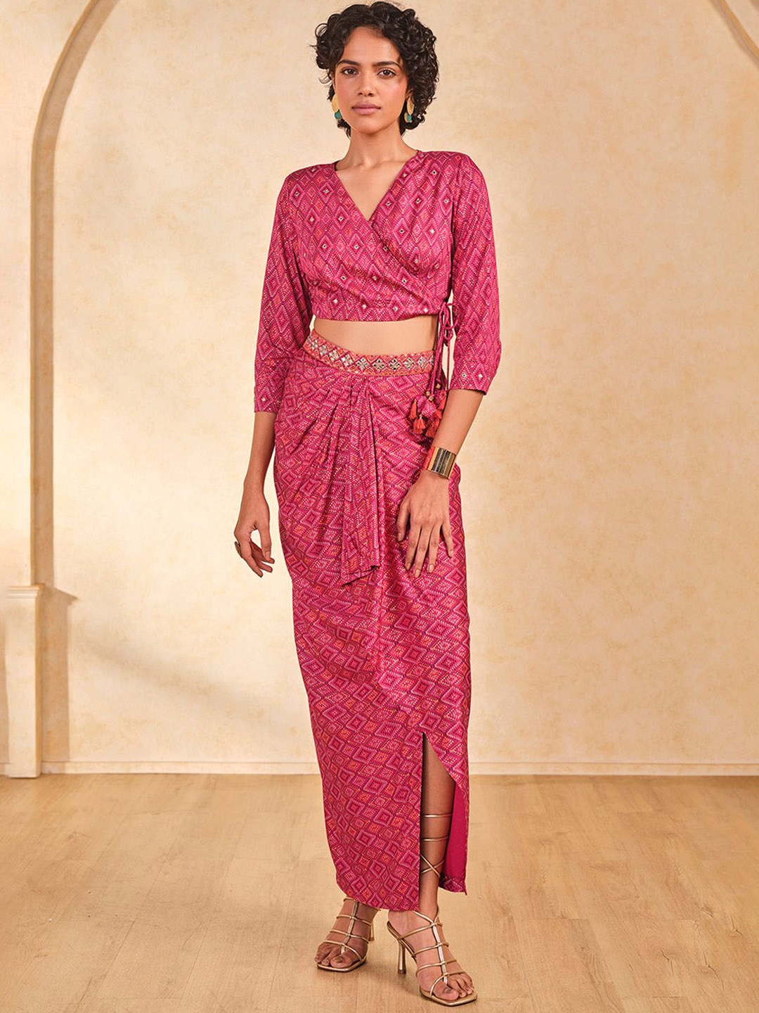 

Global Desi Printed Top & Drape Skirt, Pink
