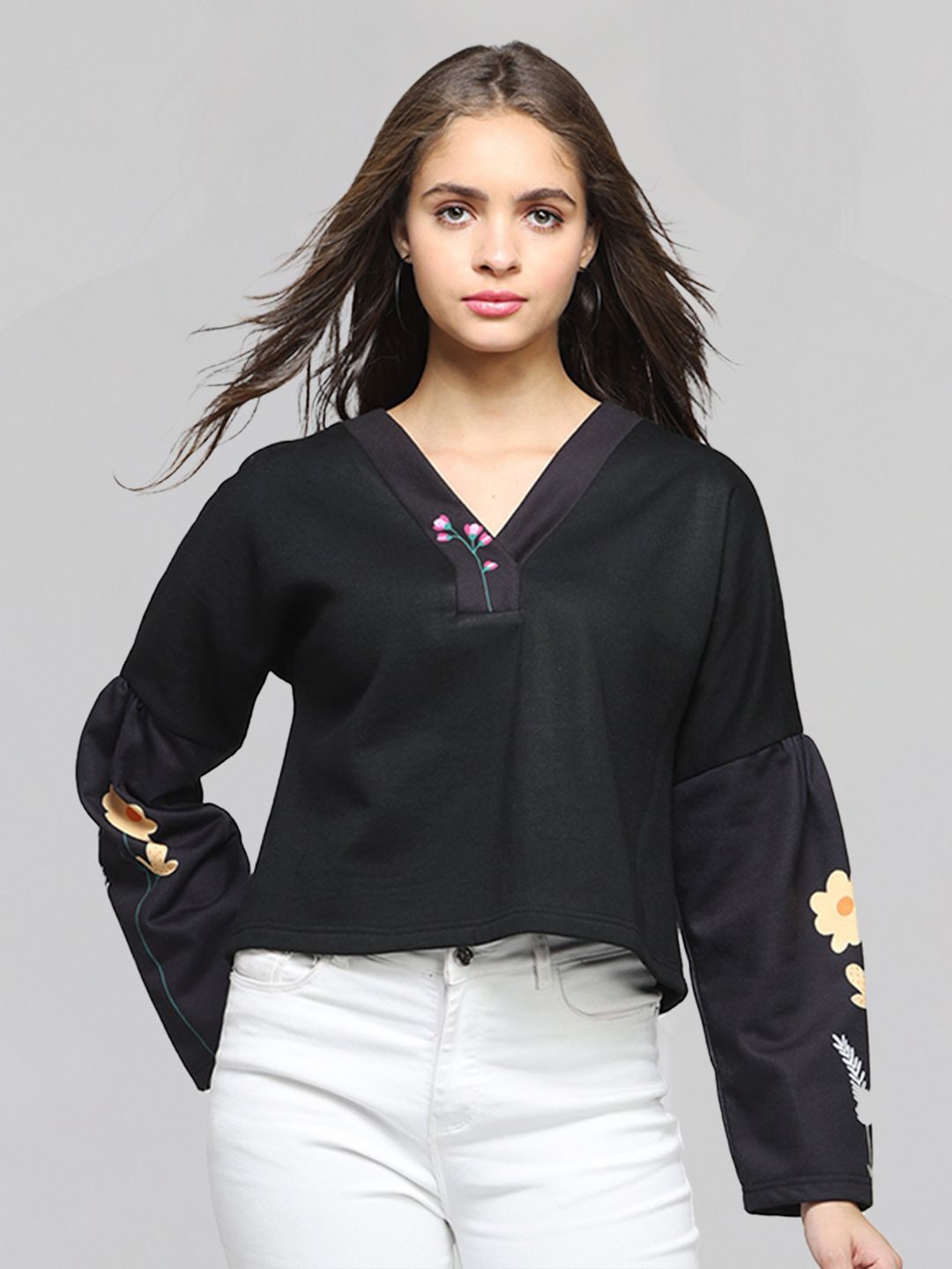 

SHAYE Women Floral Printed Sweatshirt, Black