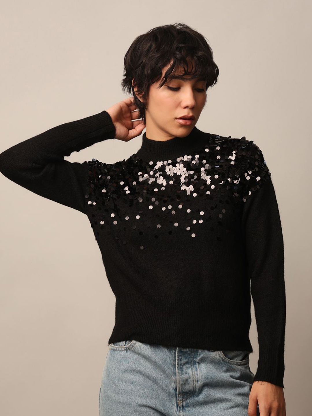 

ONLY Women Embroidered Pullover with Embellished Detail, Black