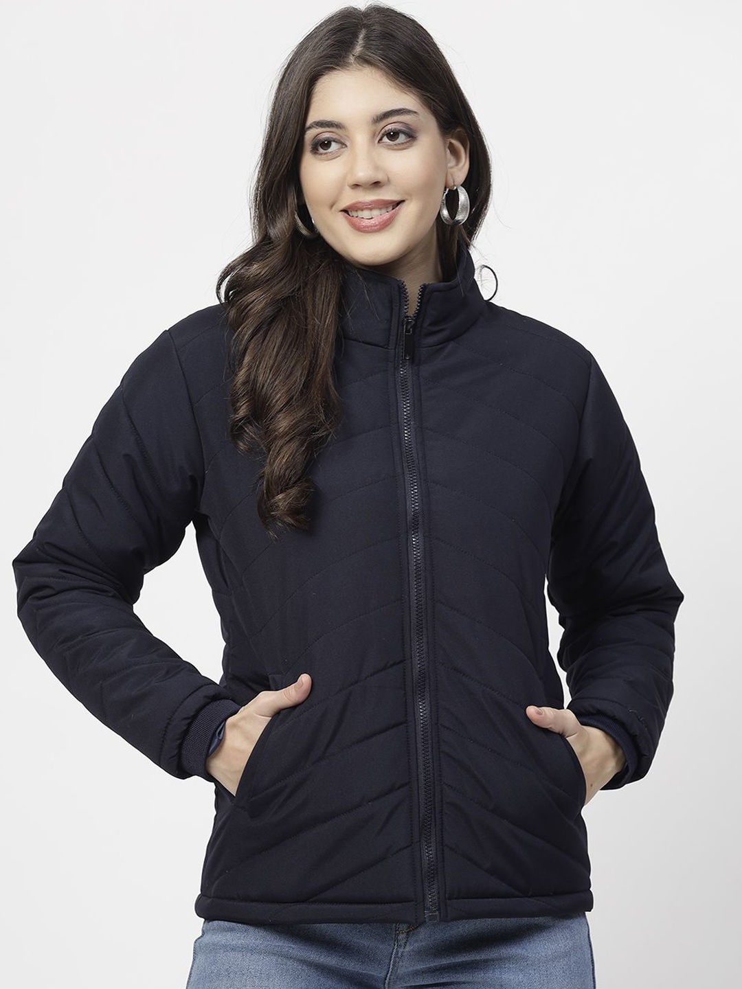 

WELL QUALITY Women Mock Collar Solid Casual Padded Jacket, Navy blue