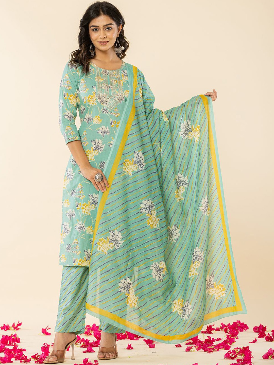 

Yufta Floral Printed Regular Sequinned Pure Cotton Kurta With Trouser With Dupatta, Sea green