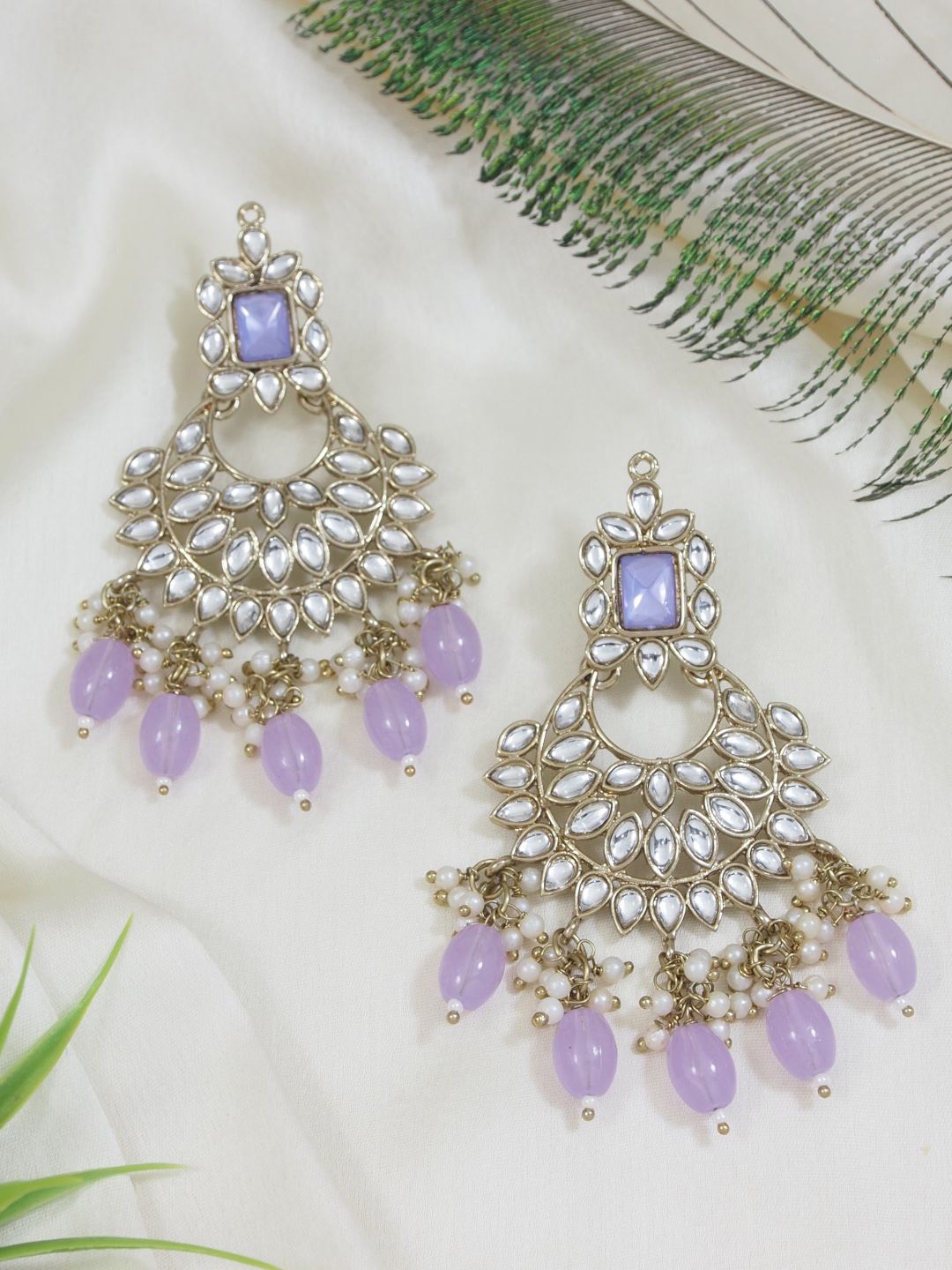 

I Jewels Gold-Plated Contemporary Kundan Stud Chandbalis Earrings, Purple