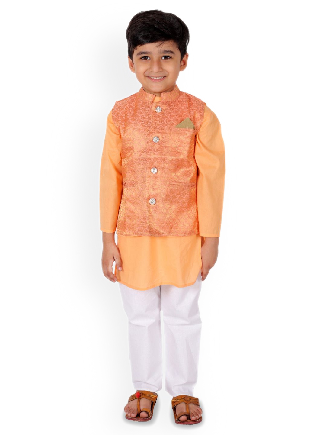 

Superminis Boys Mandarin Collar Pure Cotton Straight Kurta With Pyjama With Nehru jacket, Orange