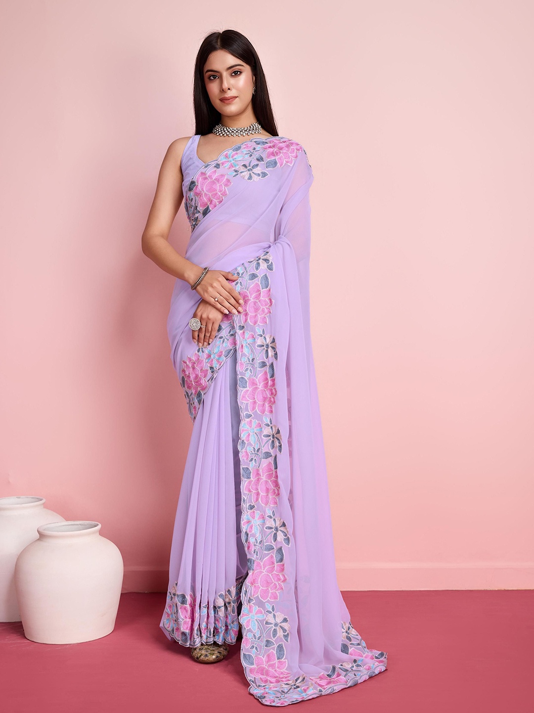 

VAIRAGEE Embroidered Ready to Wear Saree with Blouse Piece, Lavender