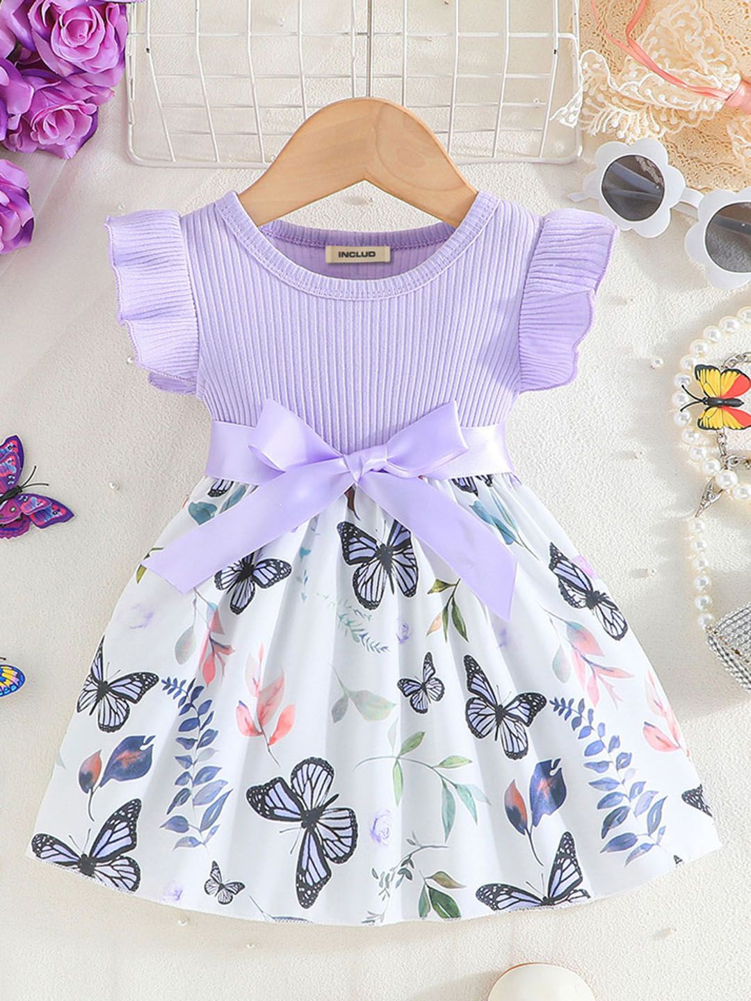 

INCLUD Girls Printed Flared Sleeve Fit & Flare Dress, Purple