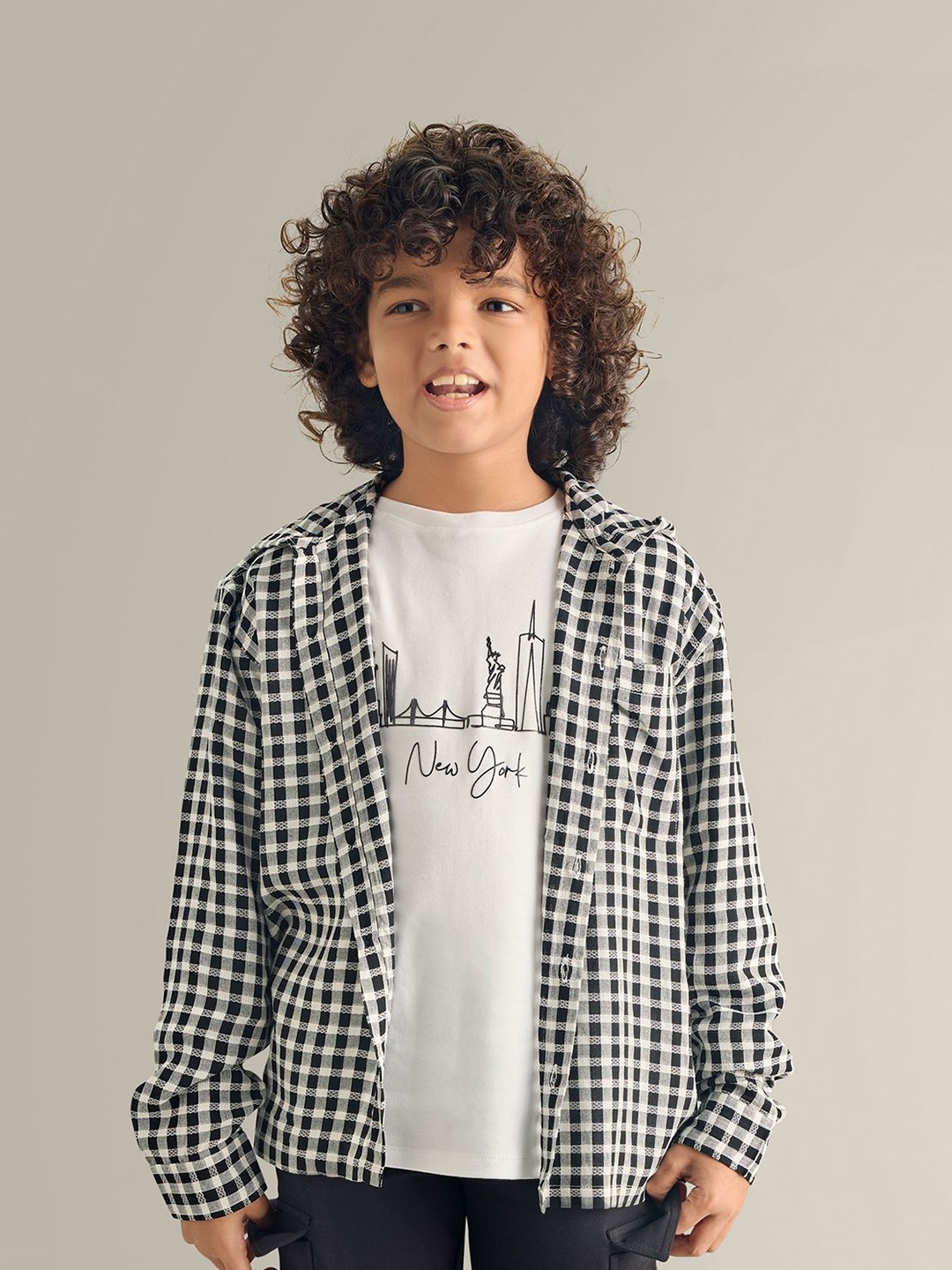 

My Milestones Boys Comfort Hood Gingham Checked Cotton Casual Shirt, Black