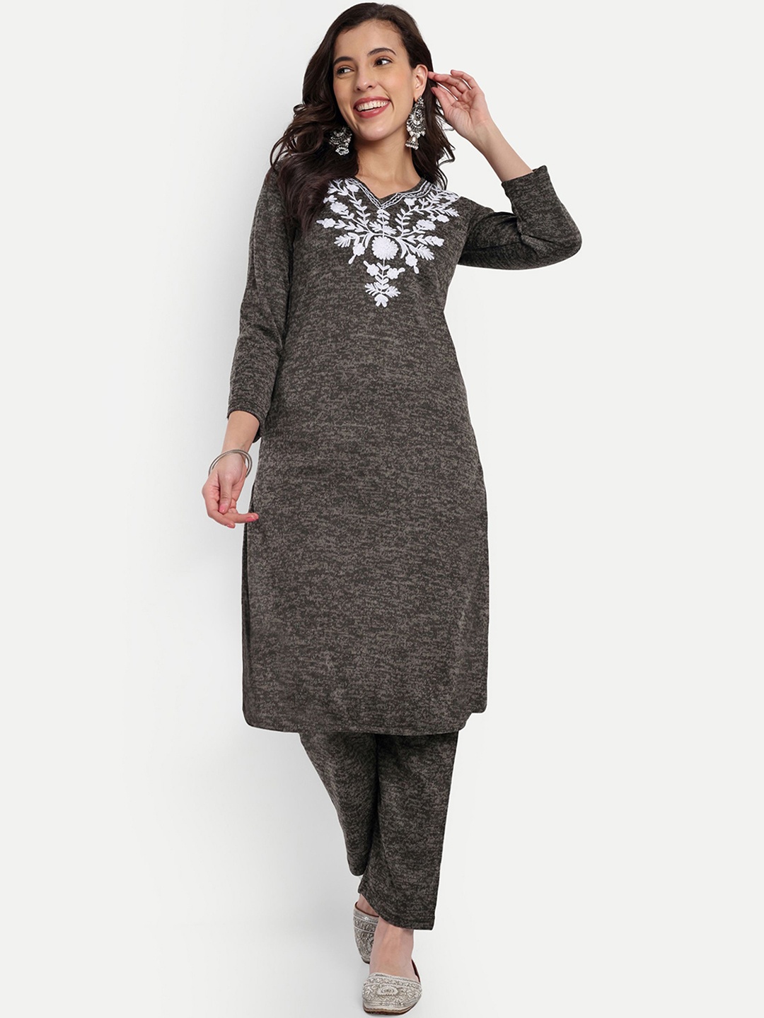 

FNOCKS Women Floral Embroidered Regular Kurta with Palazzos, Brown