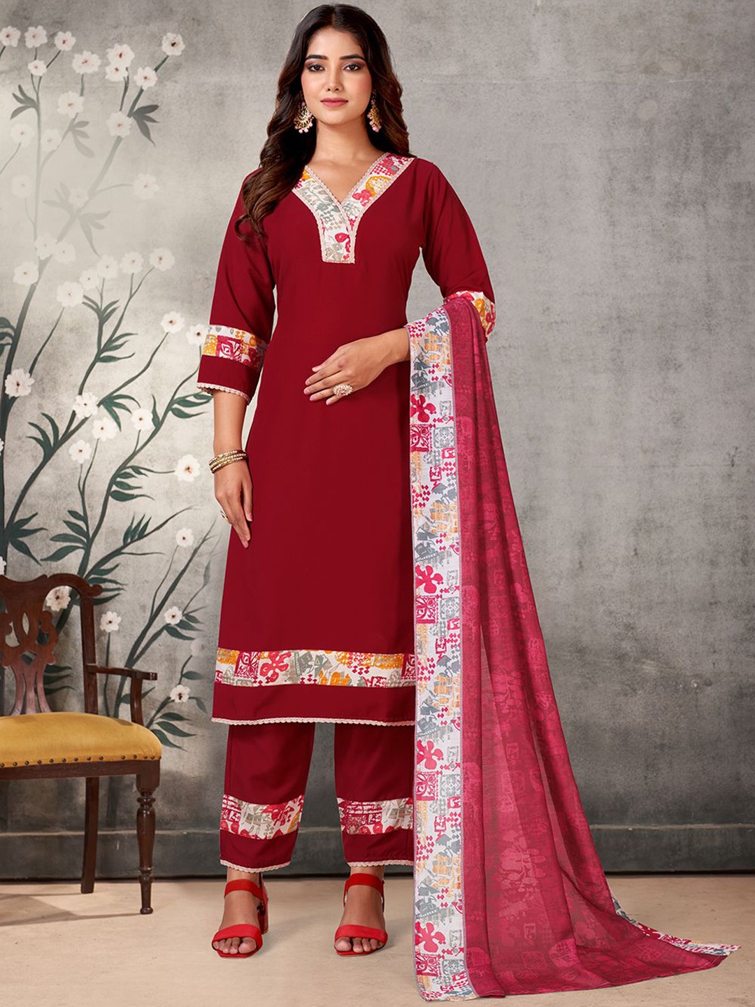 

KALINI Floral Printed Straight Kurta with Trousers & Dupatta, Red