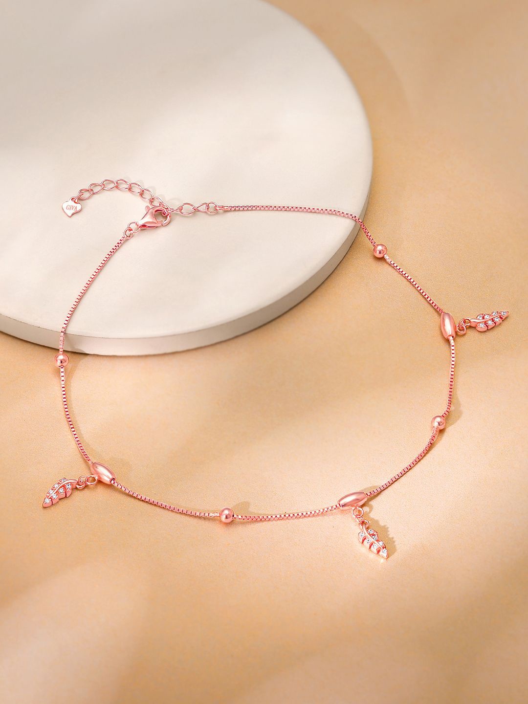 

GIVA 925 Sterling Silver Rose Gold-Plated Delicate Leaf Single Anklet