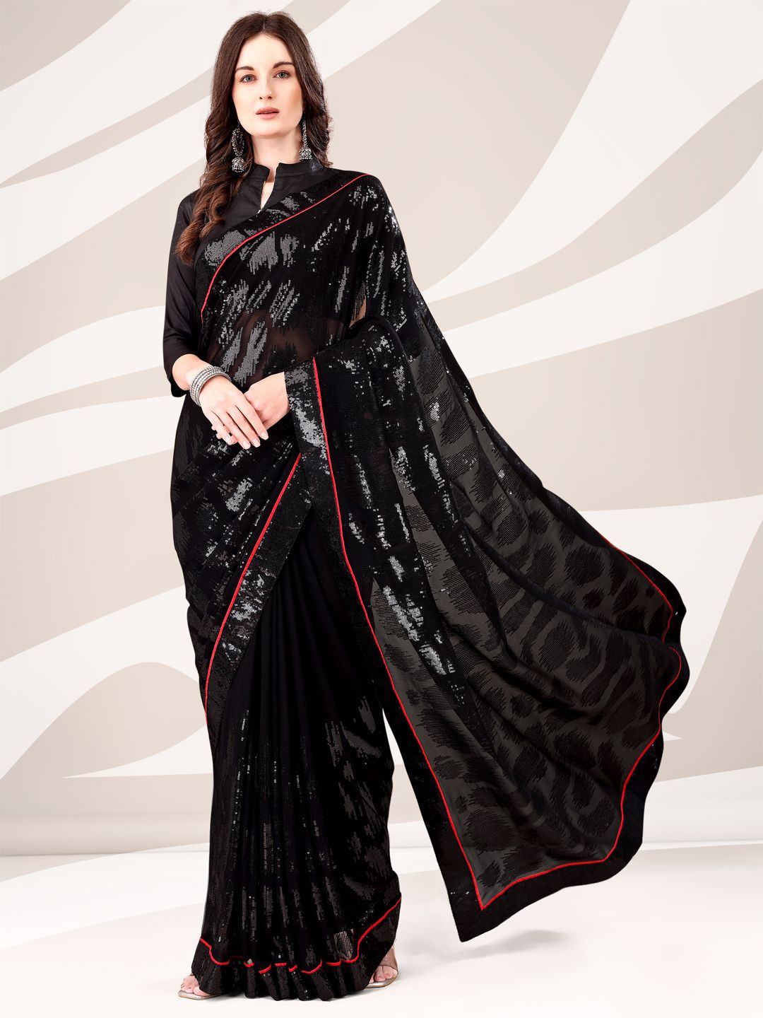 

Mitera Embellished Sequinned Pure Georgette Saree, Black