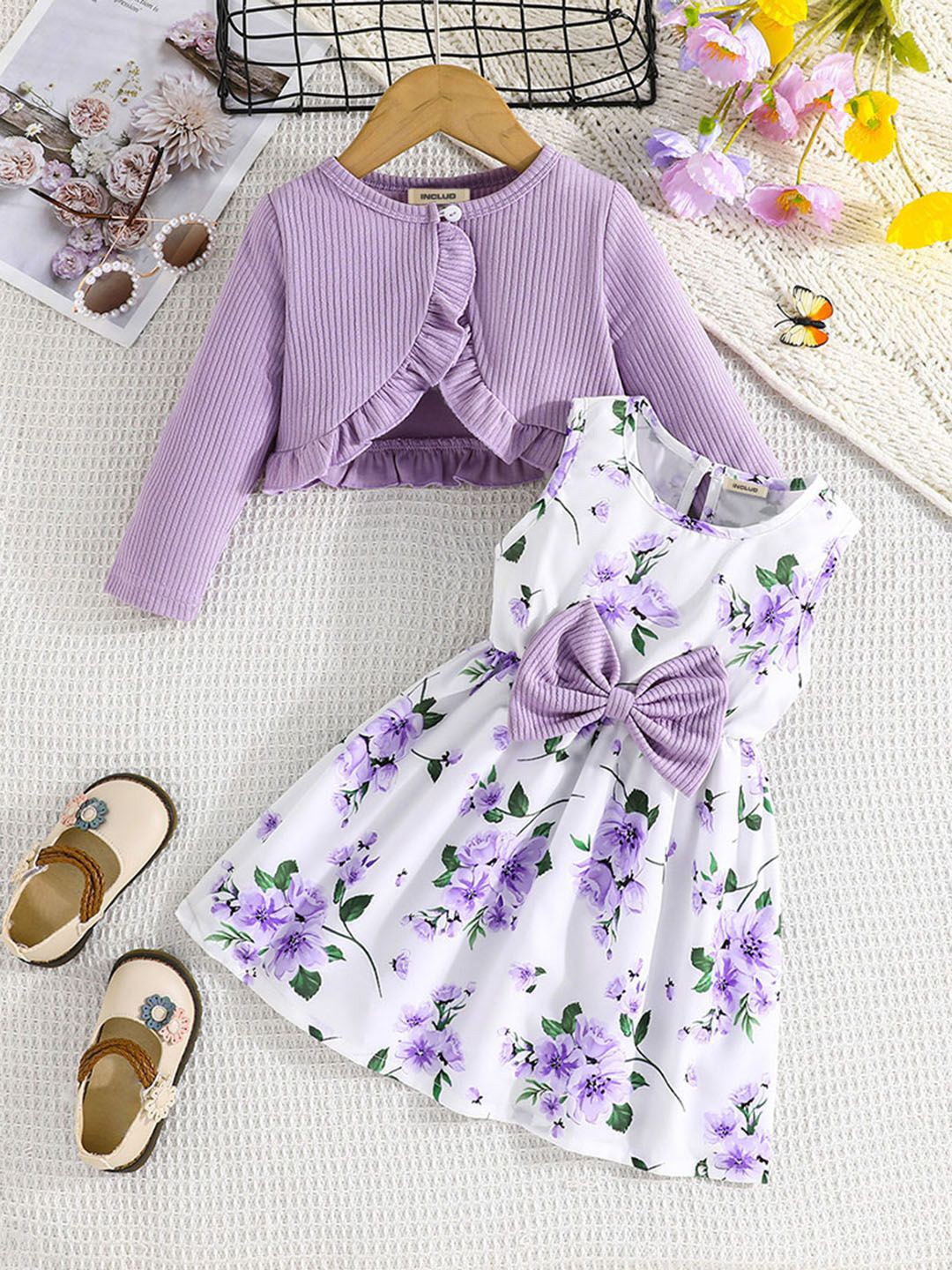 

INCLUD Girls Floral Printed Fit & Flare Dress, Purple