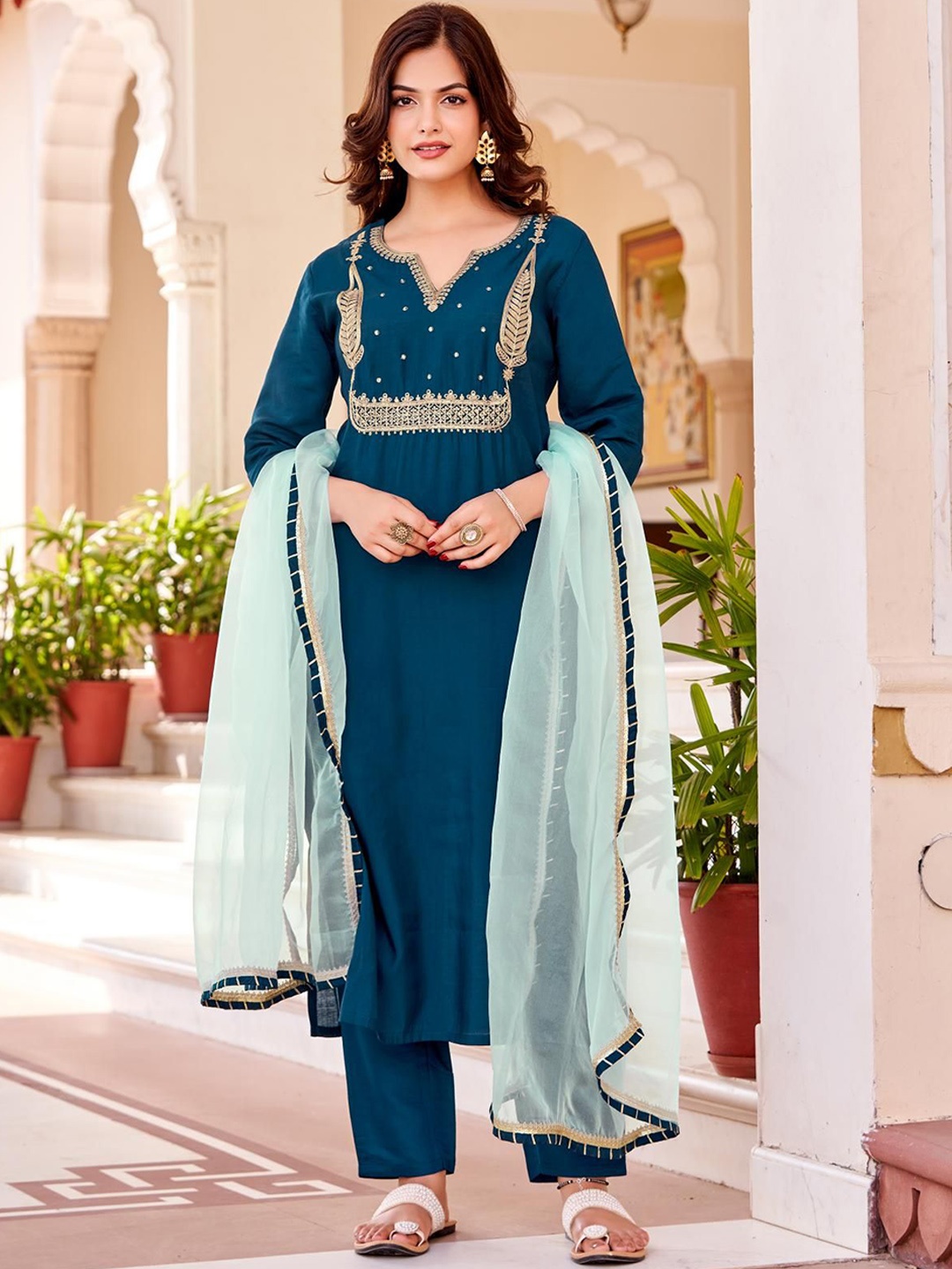 

THE52 Paisley Embroidered Round Neck Regular Pure Silk Kurta With Trouser With Dupatta, Blue