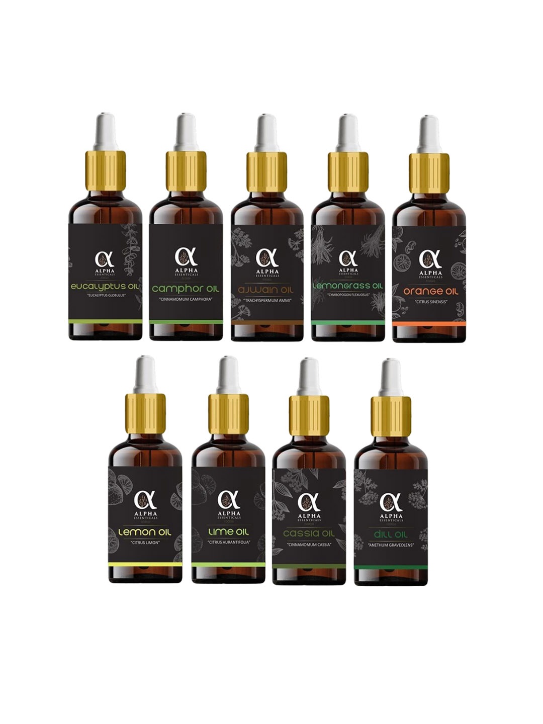 

ALPHA ESSENTICALS Set Of 9 Essential Oils Combo - 15 ml Each, Transparent