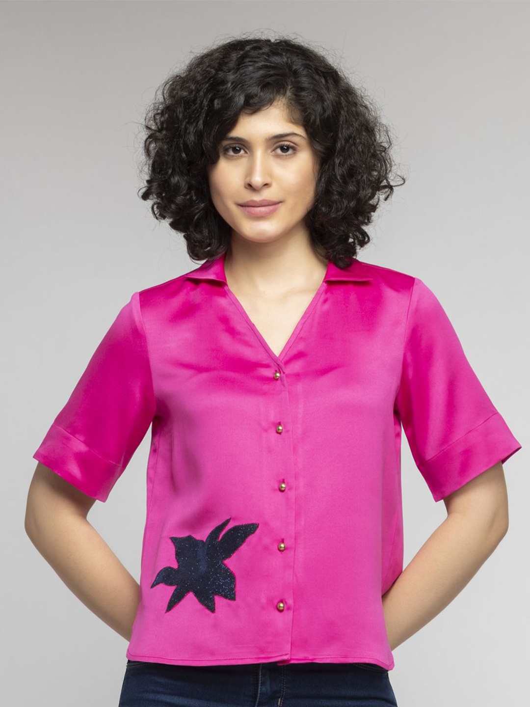 

SHAYE Women Floral Embroidered Satin Shirt Style Top, Fuchsia