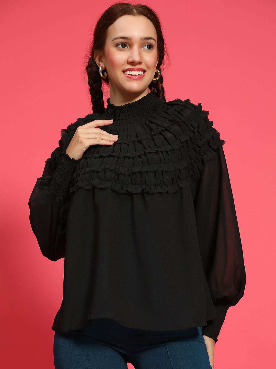 

Oxolloxo Round Neck Long Sleeve Frill Detail Top, Black