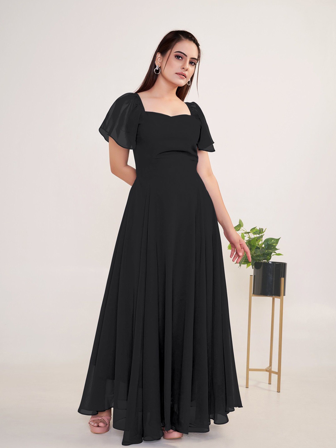 

Raiyani Enterprise Women Bell Sleeve Applique Georgette Fit & Flare Maxi Party Dress, Black