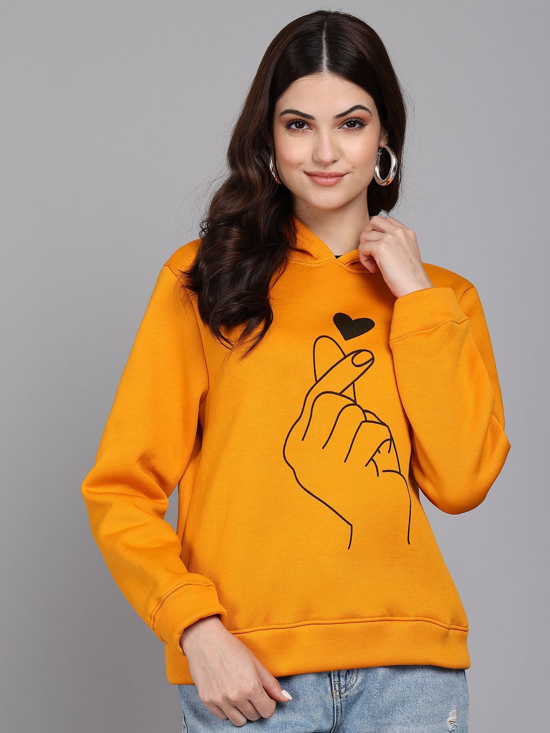 

Raabta Fashion Women Hand Printed Long Sleeves Hooded Sweatshirt, Yellow