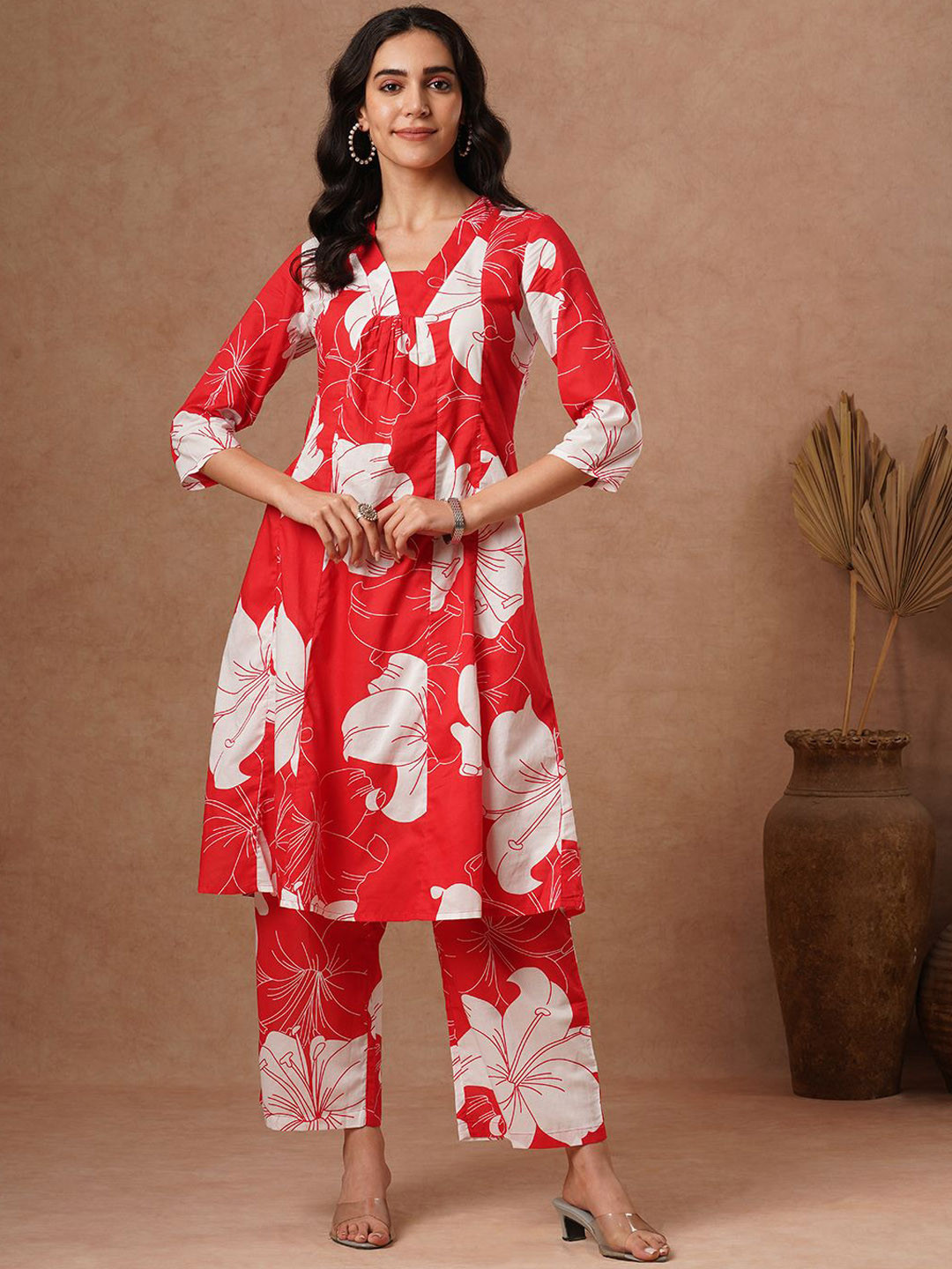 

FASHOR Floral Printed V-Neck Three-Quarter Sleeves Pure Cotton Top With Trouser, Red