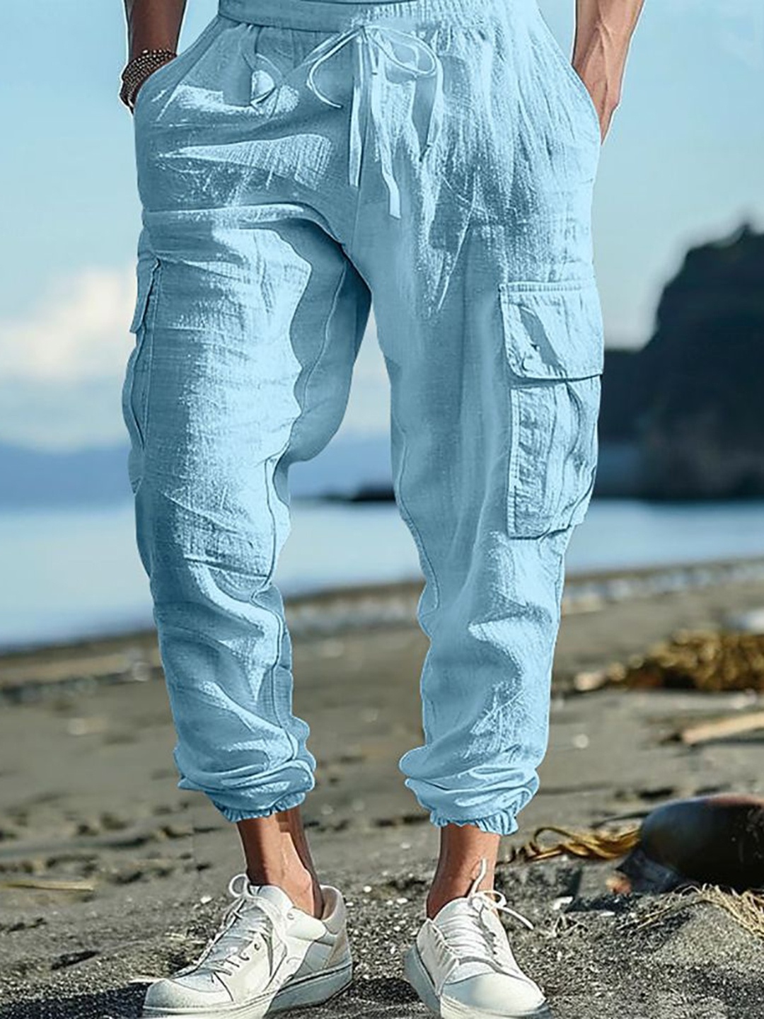 

StyleCast x Revolte Men Loose Fit Cotton Cargos Trousers, Blue