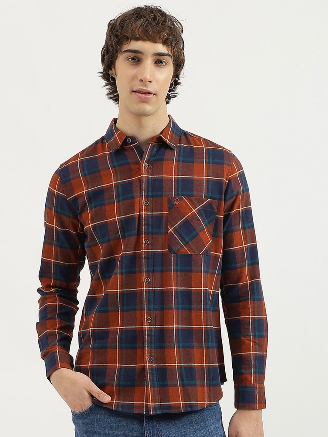 

United Colors of Benetton Men Spread Collar Tartan Checked Casual Shirt, Orange